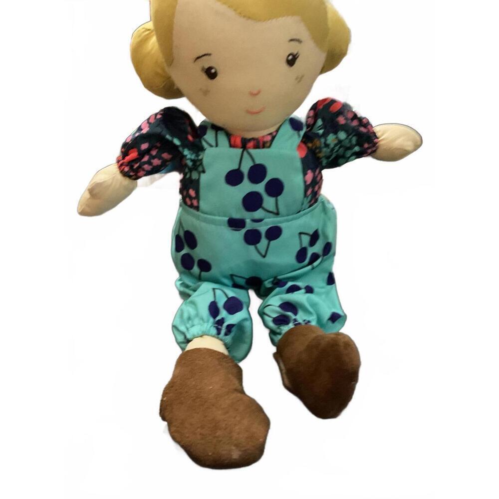 Manhattan Toy Company Soft Fabric Baby Doll with Blue Overalls and Brown Shoes